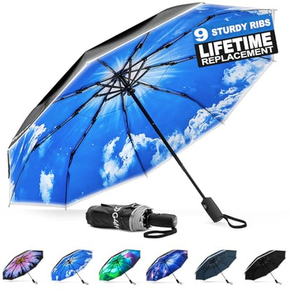G4Free 42 Inch Eco Windproof Umbrella for Rain Strong Compact Umbrellas - color: Black/Blue Sky