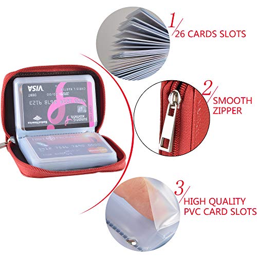 Easyoulife Genuine Leather Credit Card Holder Zipper Wallet With 26 Card Slots - color: Red, size: small