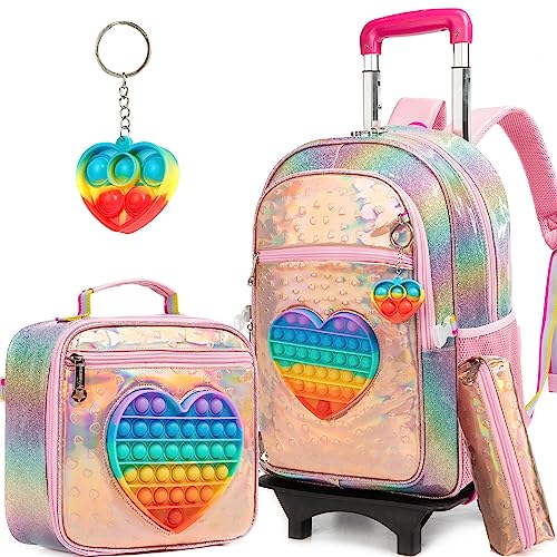 Meetbelify Girls Rolling Backpack Sequin Rolling Backpacks with Wheels for Girls for Elementary School Bag - color: Pu Love Roller