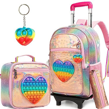 Meetbelify Girls Rolling Backpack Sequin Rolling Backpacks with Wheels for Girls for Elementary School Bag - color: Pu Love Roller