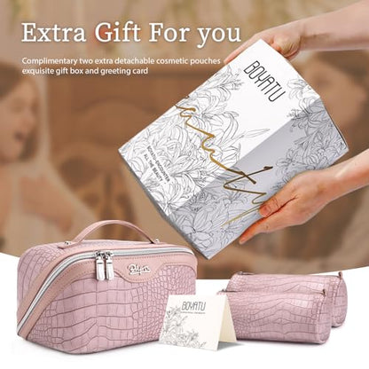 BOYATU Travel Makeup Bag Cosmetic Bags for Women: 3 Pcs Set Large Capacity Make up Bag with Handle - Crocodile Pattern Vegan Leather Toiletry Bags Travel Essentials with Compartments((E-4-Pink) - color: E-4-Pink