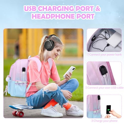 ACESAK 3PCS Teen Girls Backpack with Lunch Bag Set&USB Charging Port - color: Pink-to-blue Gradient