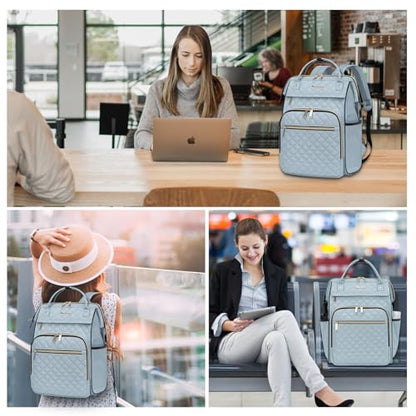 EMPSIGN 17 Inch Laptop Backpack Women with Giant Tumbler Holder, Light Blue - color: Quilted Light Blue