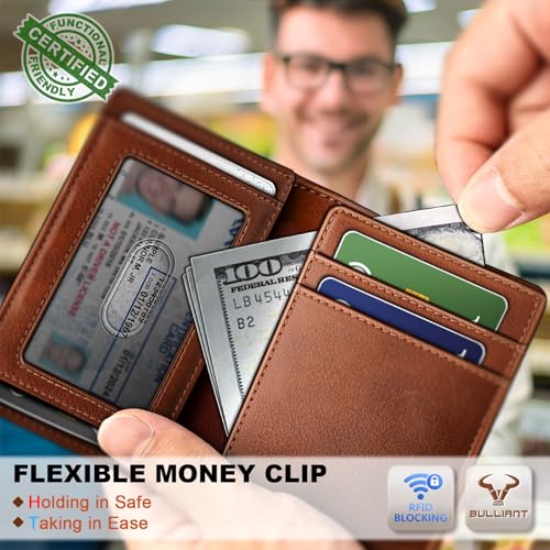 BULLIANT Slim Leather Wallet For Men 12Cards Magnetic Closure RFID Blocking - color: Brick Brown8272