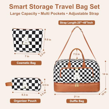 TIBES Gift for Her, Weekender Bag for Women Initial Travel Duffle Bag - color: Black & White Checkerboard, style: E
