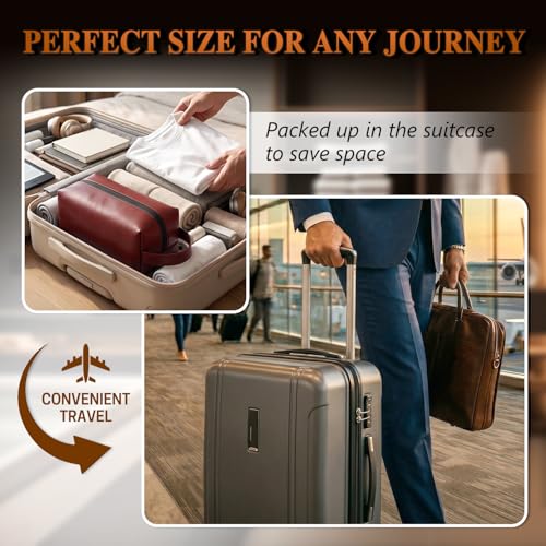 Leather Toiletry Bag for Men, Hanging Travel Toiletry Bag Dopp Kit | Water Resistant Bathroom Organizer with Waterproof Zipper & Handle - color: Wine Red