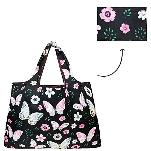 allydrew Large Foldable Tote Nylon Reusable Grocery Bags, Midnight Butterfly - color: Midnight Butterfly