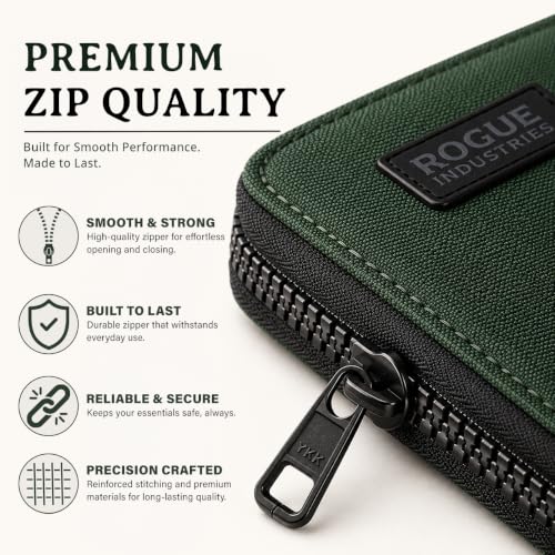 ROGUE WALLET Leather & Nylon Zip Wallet for Men, RFID Blocking, Green - color: Green