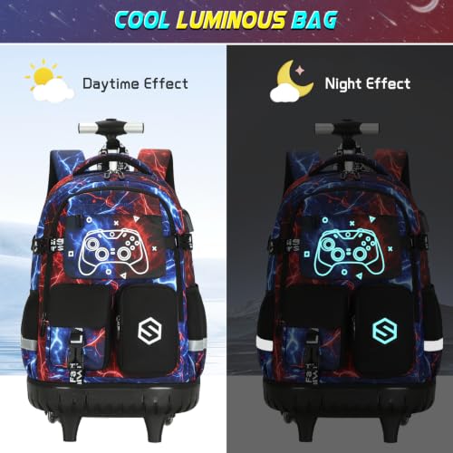 Scothen Cool Luminous Rolling Backpack for Boys with Lunch Bag Pencil Pouch - color: Cool Red Blue