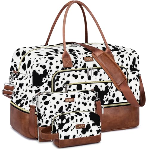 Large Women Travel Weekender Bag: Carry on Duffle with Shoe Compartment - color: Black Cow Print