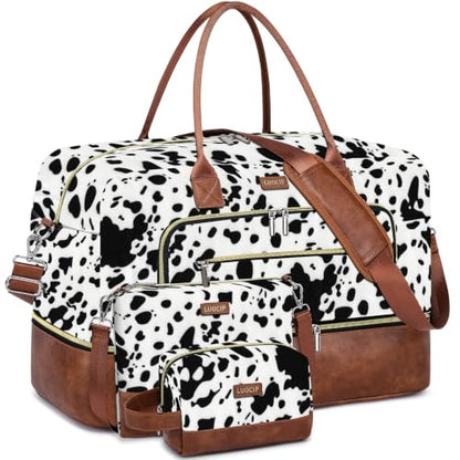 Large Women Travel Weekender Bag: Carry on Duffle with Shoe Compartment - color: Black Cow Print