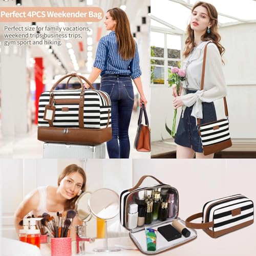 4PCS Weekender Bags for Women Large Overnight Weekend Travel Duffel Bags - color: Wide Black White-CH