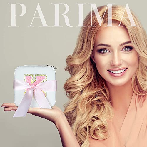 Parima White Jewelry Box for Women - Personalized Travel Chenille Letter Patches Jewelry Case, Multifunctional, Includes Ring Holder, Necklace Pocket - Ideal Birthday Gift - color: “White, size: D