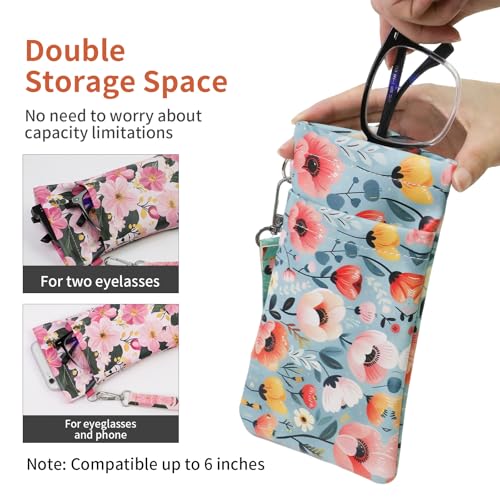 Double Eyeglass Case Soft Dual Glasses Case for Women Men Travel Squeeze Top Sunglasses Cases Eyeglasses Pouch - color: Blue+pink Flower