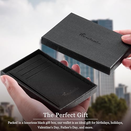 Travelambo 100% Genuine Leather Wallet for Men and Women, Slim Minimalist RFID Blocking Front Pocket Credit Card Holder with Gift Box(Cross Black) - color: Cross Black