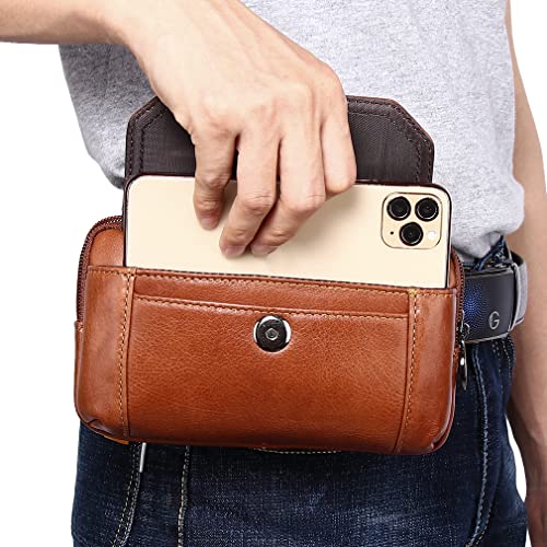 Leather Phone Belt Bag Holster Pouch for Men Loop Flip Coin Purse Case Cell Phone Waist Pack Pouch Case - color: #03coffee