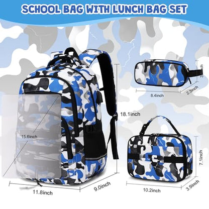 ACESAK 3PCS Camo Backpack for Boys with Lunch Box Pencil Case - color: Blue White