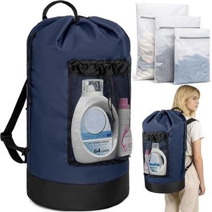 150L Laundry Bag Backpack with 3 Sizes Mesh Wash Bags and Shoulder Straps - color: Navy, size: 150L