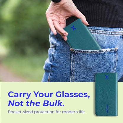 Luxury Slim Leather Glasses Case | Handmade Full-Grain Leather Eyewear Wrap with Magnetic Closure & Gift Box - color: Teal