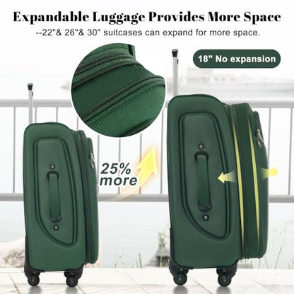 Merax 4-Piece Expandable Luggage Set,Softside Suitcase,Dark Green - color: Dark Green+18IN, style: Softside Luggage(22/26/30)