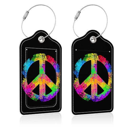 2 Pack Luggage Tags for Suitcases,Love and Peace Luggage Tag,PU Leather Id Label Luggage Tags with Stainless Steel Loop and Privacy Cover for Women Men Teens Travel - color: Love and Peace