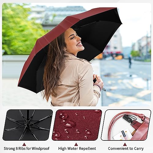 Yoobure Windproof Automatic Travel Umbrella, Compact Folding UV Sun & Rain - color: Auto-Burgundy Red