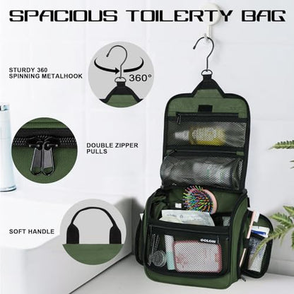 Hanging Toiletry Bag, 10 Compartments Water-Resistant Makeup Bag with 360° Spinning Metal Hook, Large Travel Cosmetic Organizer for Men & Women, Green (7.05oz) - color: Green