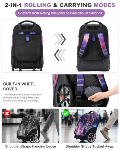 NEW TILAMI 19 Inch Rolling Backpack with Lunch Bag School, Purple Starry - color: Purple Starry