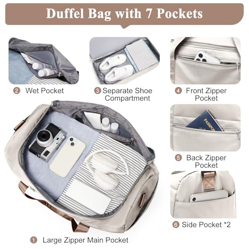 Small Travel Duffle Bag with Shoe Compartment, 35L Personal Item Bag - color: A-Beige & Brown, size: Small
