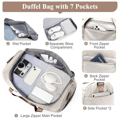 Small Travel Duffle Bag with Shoe Compartment, 35L Personal Item Bag - color: A-Beige & Brown, size: Small