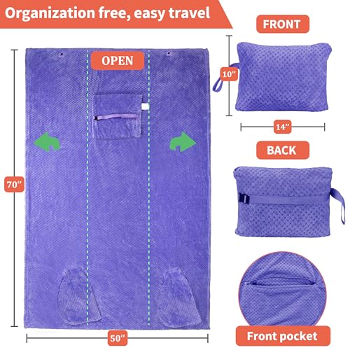 Tirrinia Travel Blanket Compact with Bag, Soft Lightweight Wearable Blanket with Foot Pockets, Airplane Travel Essential Gift - color: Purple