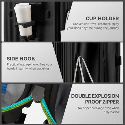 3 Piece Luggage Set with Spinner Wheels Cup Holder, Black - color: Black