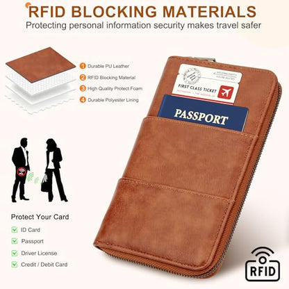 RFID Family Passport Holder Wallet - Travel Document Organizer - color: Brown