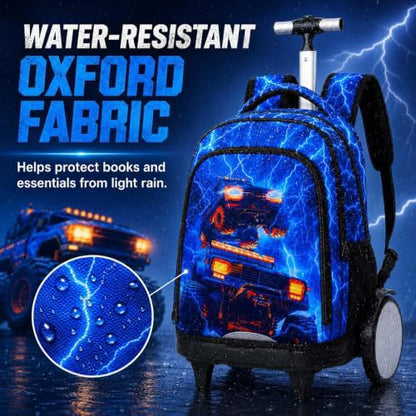 20 Inches Large Wheels Rolling Backpack for Boys with Detachable, 3Pcs Kids Lightning Truck Wheeled Backpack Set for Elementary School (Blue) - color: Lightning Dual-cab Truck (Large Wheels)