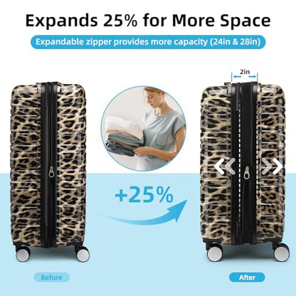 LARVENDER Luggage Sets 6 Piece Expandable Suitcase with Wheels, Cheetah - color: Cheetah 6pcs, size: Family Set