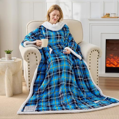 Wearable Heated Blanket with Foot Pocket &Sleeves, Electric Heated Robe - color: Blue Plaid, size: Long