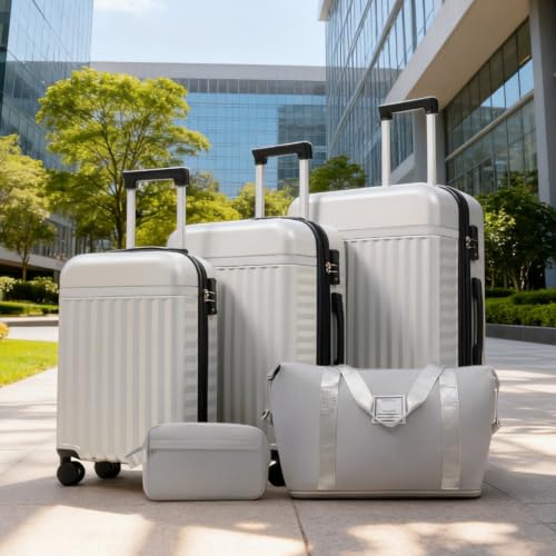 ABS Hardshell Front-Opening 3-Piece Luggage Set – 20″ Carry-On with USB Charging Port & Laptop Compartment, 24″ Expandable Checked Spinner Suitcases + Travel Duffel Bag, TSA Lock (5pcs Grey+White) - color: 5pcs Grey+White
