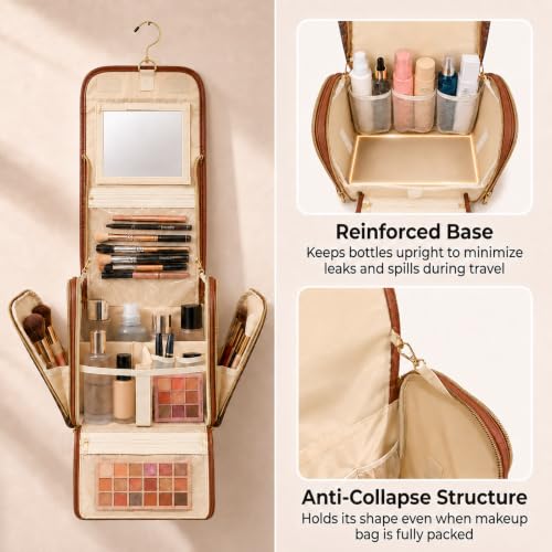 Women Travel Toiletry Bag Large Hanging Toiletry Bag with Mirror - color: Brown
