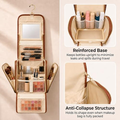 Women Travel Toiletry Bag Large Hanging Toiletry Bag with Mirror - color: Brown