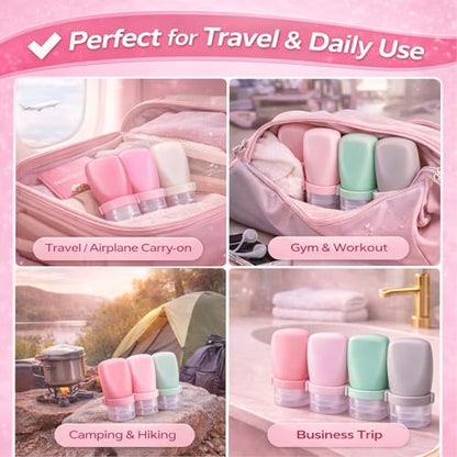 1 oz Travel Bottles, Leakproof Silicone Squeeze Bottle Mini Travel Size Container for Toiletries Lotion Shampoo and Conditioner Liquid Salad Dressing to go Condiment, TSA Approved, 4 Pack - color: Pink, Green, Clear, size: 1 oz