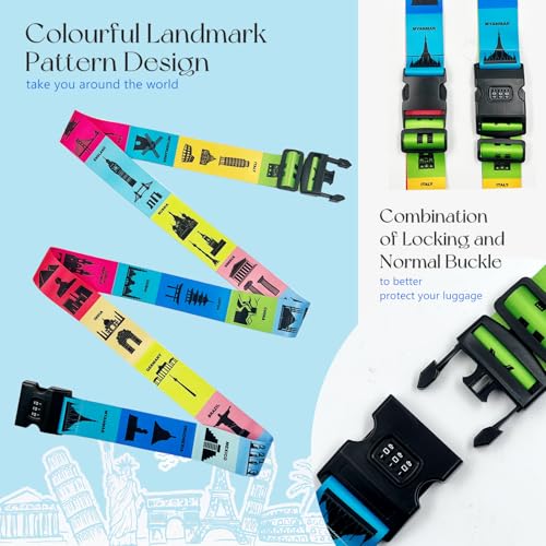 SNAIL GARDEN 2 PCS Custom Luggage Straps with Landmark Patterns, Luggage Straps for Suitcases with Locks, Packing Belt for Mark Luggage, Adjustable Suitcase Straps Luggage Strap (Multi-Color)