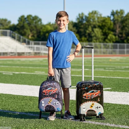 Kid's Luggage Set 4 Piece Suitcase Set Hardside Luggage with Spinner Wheels Boys Carry on Toddler Travel Rolling Suitcase with Hard Shell Airline Approved - color: Black Car