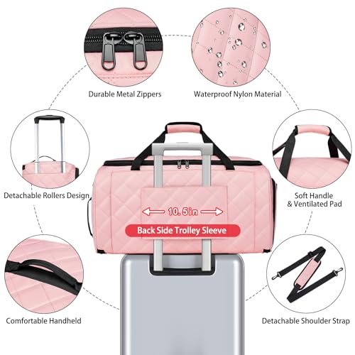 Rolling Garment Bag for Travel, 50L Duffle Bag with Shoe Compartment, 4pcs - color: Pink
