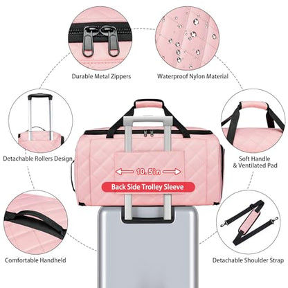 Rolling Garment Bag for Travel, 50L Duffle Bag with Shoe Compartment, 4pcs - color: Pink