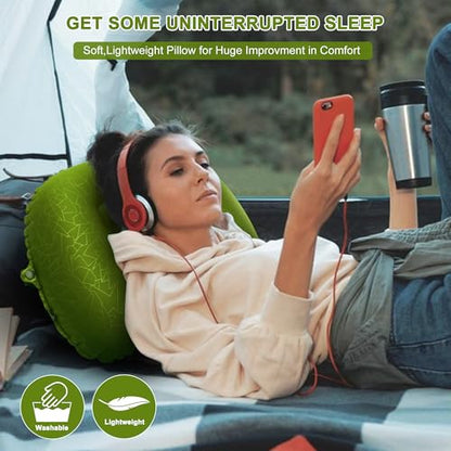 Inflatable Camping Pillow, Travel Blow Up Air Pillow, Neck Lumbar Support Ultralight Compact Pillow for Outdoor Hiking Backpacking Car Beach Airplane Sleeping Essentials, Green - color: Green