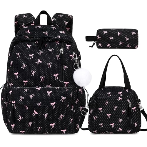 3PCS Corduroy Girls Backpack w/ Lunch Box & Pencil Bag (Black Bow Tie) - color: Black Bow Tie