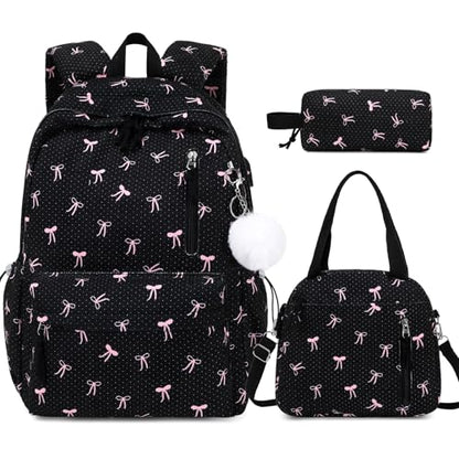 3PCS Corduroy Girls Backpack w/ Lunch Box & Pencil Bag (Black Bow Tie) - color: Black Bow Tie