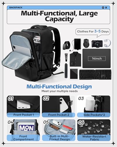 winspansy Travel Backpack for Women Men Essentials Carry on Luggage Flight Approved Personal Item Bag Work Backpack - color: Black