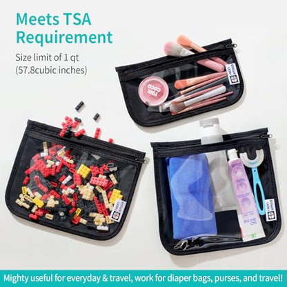HIONXMGA Set of 3 Clear Travel Toiletry Bag, TSA Approved, Quart Size S/M/L - color: Black, Mixed Sizes