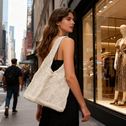 Crochet Beach Tote Bag Woven Mesh Beach Purse Summer Vacation Boho Knit Bag - color: Apricot